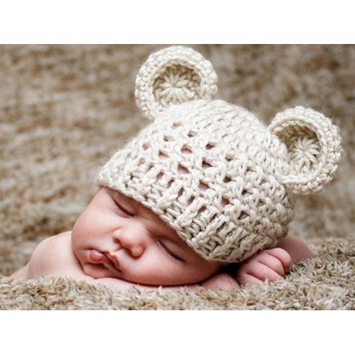 Crochet off white wool bear hat, Newborn bear ears beanie